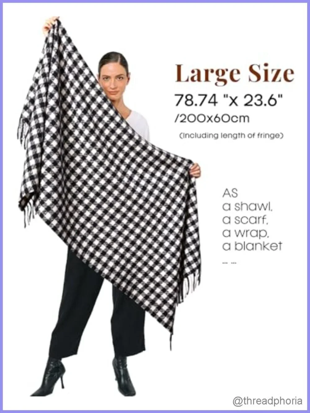 Cashmere Blend Long Plaid Fringe Scarf Shawl Wrap Cozy Winter Oversized